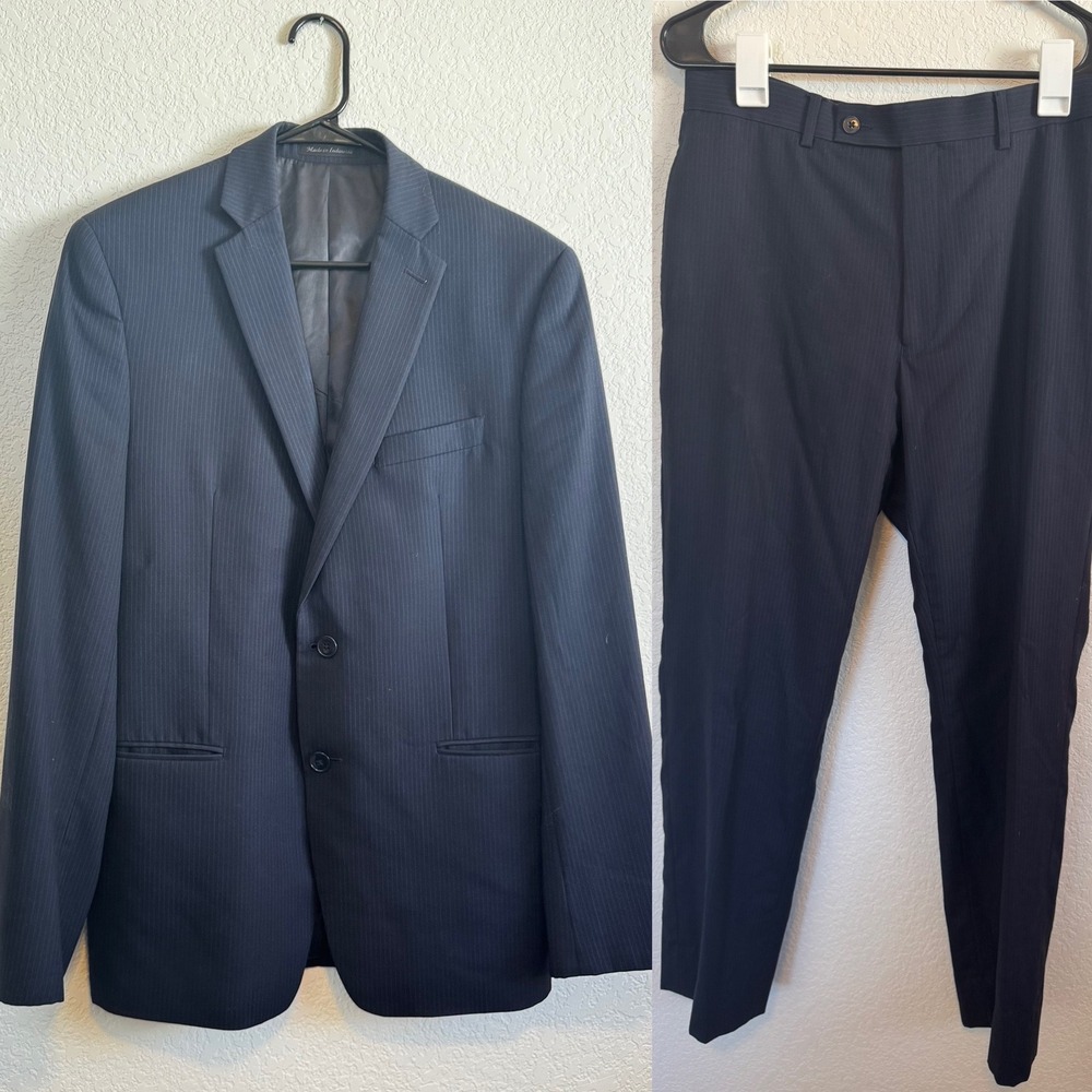 Calvin Klein Pinstripe Suit Mens Navy Blue Two Button Professional Formal Set